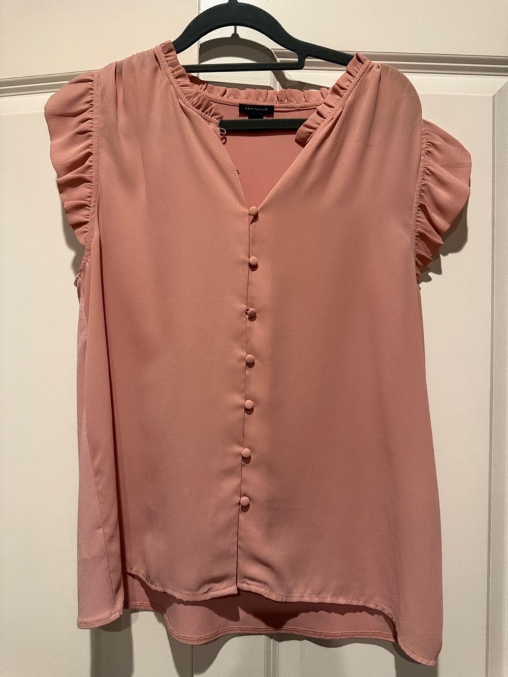 Ann Taylor Dusty Rose Button-Front Ruffle Sleeve Blouse